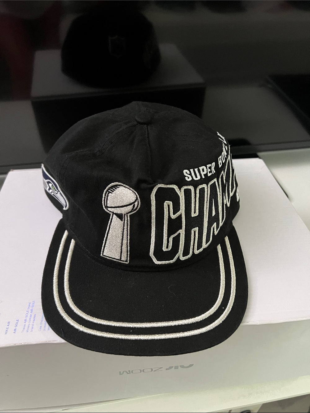 New Era Black and White Seattle Seahawks Super Bowl Champions Hat